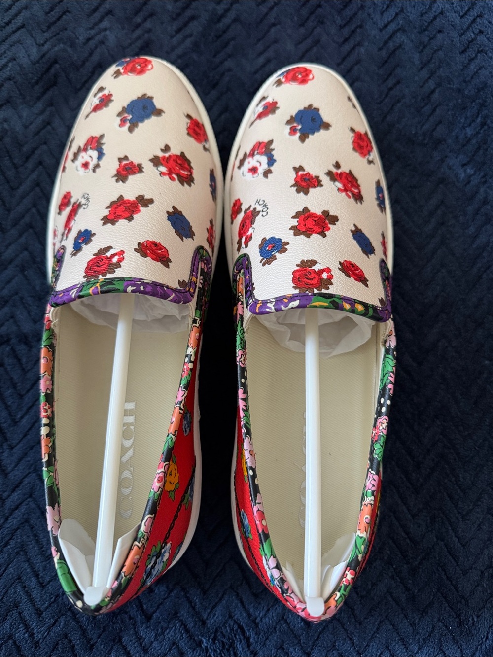 NWT! Coach Floral Slip-On Women’s Loafers - Beige with Red & Blue Flowers